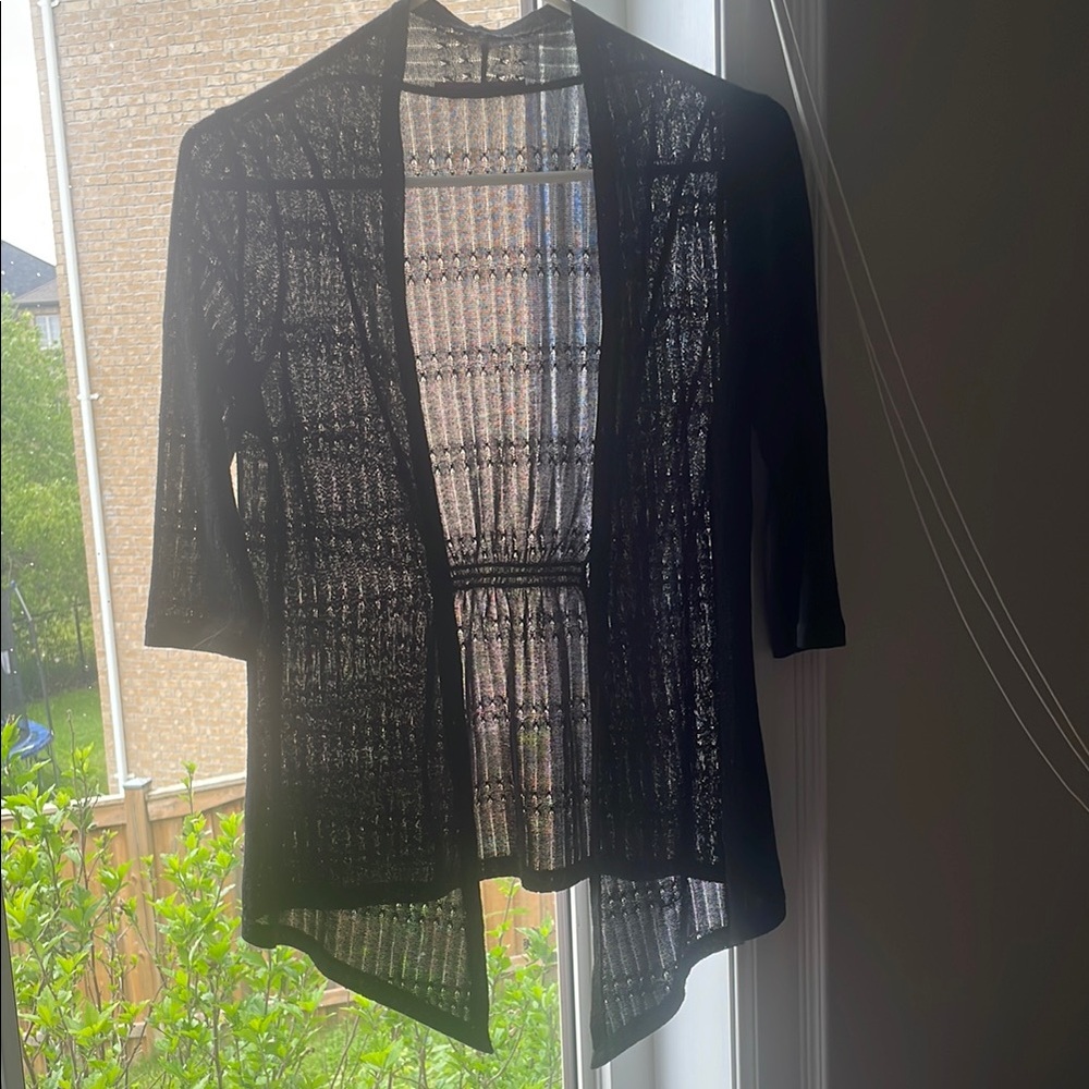 Smart Set Black Sheer Kimono Cardigan Patterned Knit Elastic Waist Small